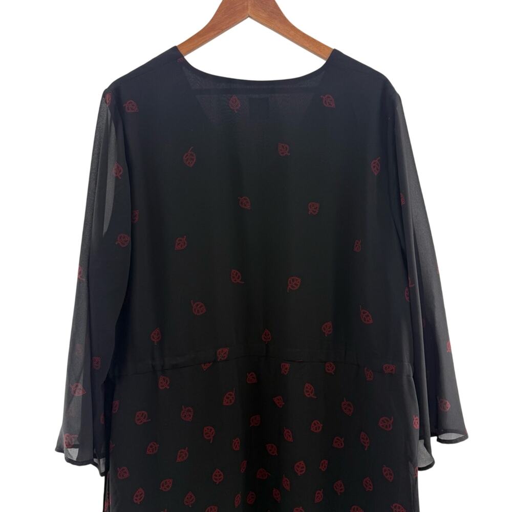 NWT Anne Klein Sheer Overlay Long Sleeve Cinch Drawstring Blk Red Midi Dress 18 - Picture 8 of 13